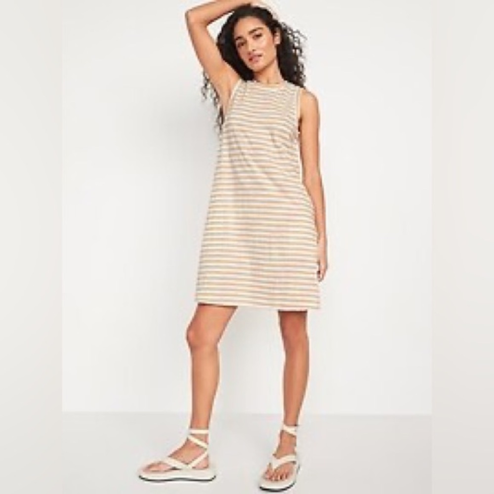 Old Navy Sleeveless Striped Mini Swing Dress in color tan white XS HAS POCKETS!